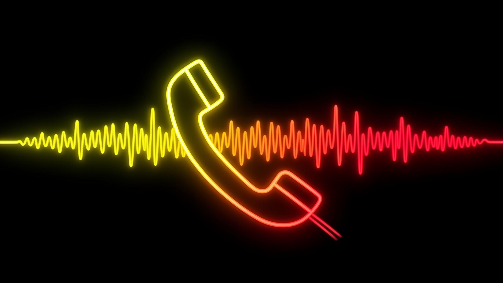 Glowing neon waveform around a phone receiver representing an AI receptionist on a call